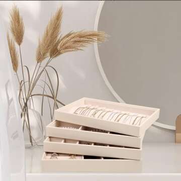 LANDICI Stackable Jewelry Organizer Trays 4 Set,PU Leather Jewelry Organizer Drawer,Jewelry Storage Display Tray for Earring Necklace Rings Bracelet with Removable Dividers,Apricot