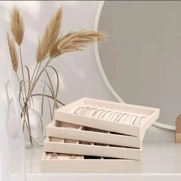 LANDICI Stackable Jewelry Organizer Trays 4 Set,PU Leather Jewelry Organizer Drawer,Jewelry Storage Display Tray for Earring Necklace Rings Bracelet with Removable Dividers,Apricot