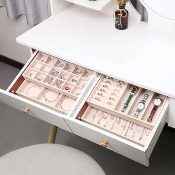 LANDICI Stackable Jewelry Organizer Trays 4 Set,PU Leather Jewelry Organizer Drawer,Jewelry Storage Display Tray for Earring Necklace Rings Bracelet with Removable Dividers,Apricot