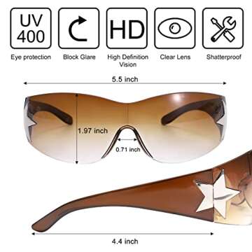 Rimless Y2K Sunglasses for Women Men,Trendy Shield Wrap Around Sunglasses Oversized Fashion Gradient Brown Frameless Sun Glasses