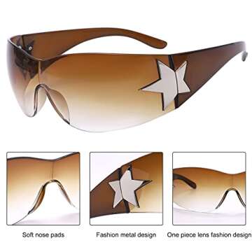 Rimless Y2K Sunglasses for Women Men,Trendy Shield Wrap Around Sunglasses Oversized Fashion Gradient Brown Frameless Sun Glasses