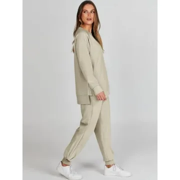 ANRABESS Womens 2 Piece Outfits Lounge Sets Fall Crewneck Sweatshirts Jogger Sweatpants Matching Sweatsuit Set Tracksuits Khaki X-Small