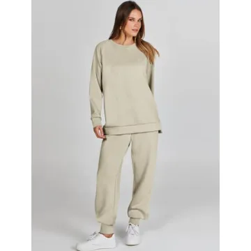ANRABESS Womens 2 Piece Outfits Lounge Sets Fall Crewneck Sweatshirts Jogger Sweatpants Matching Sweatsuit Set Tracksuits Khaki X-Small