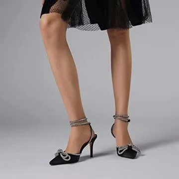 Vertundy Women's Lace up High Heeled Sandals Ankle Buckle Strap Rhinestone Bowknot Stilettos Satin Pointy Pumps (Black,US size8)