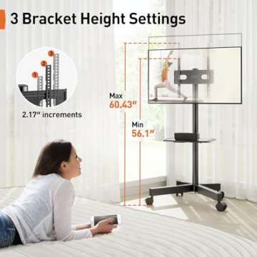 Perlegear Rolling TV Stand for 23-60 Inch LED Flat Screen/Curved TVs up to 88lbs,Mobile TV Stand Wheels with Height Adjustable Portable Rolling TV Cart Max VESA 400x400mm PGTVMC06