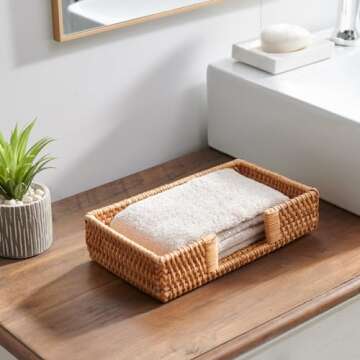 Rattan Napkin Holder Rectangle, 9.5" x 5.5" x 2", Wicker Napkin Tray, Woven Guest Towel Holder for Restaurant/Kitchen/Bathroom Paper Towels for Guests
