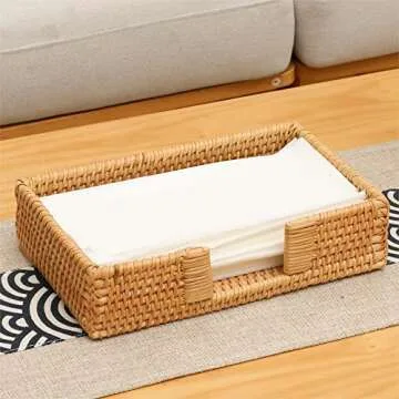 Rattan Napkin Holder Rectangle, 9.5" x 5.5" x 2", Wicker Napkin Tray, Woven Guest Towel Holder for Restaurant/Kitchen/Bathroom Paper Towels for Guests