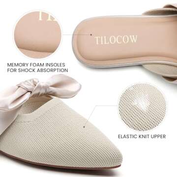 Tilocow Knit Mules for Woman Pointed Toe Flats Bow Mules Slip On Slides Flats Shoes Women Dressy Comfortable Beige