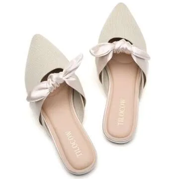 Tilocow Knit Mules for Woman Pointed Toe Flats Bow Mules Slip On Slides Flats Shoes Women Dressy Comfortable Beige
