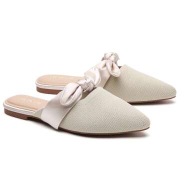 Tilocow Knit Mules for Woman Pointed Toe Flats Bow Mules Slip On Slides Flats Shoes Women Dressy Comfortable Beige