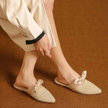 Tilocow Knit Mules for Woman Pointed Toe Flats Bow Mules Slip On Slides Flats Shoes Women Dressy Comfortable Beige