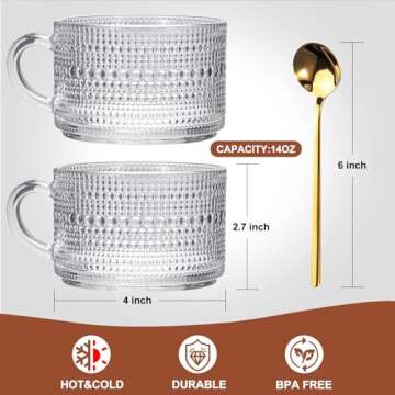 LUECMO Vintage Coffee Tea Cups [2 Pack], 14 oz Glass Tea Coffee Mugs, Clear Embossed Glass Cups for ...