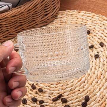 LUECMO Vintage Coffee Tea Cups [2 Pack], 14 oz Glass Tea Coffee Mugs, Clear Embossed Glass Cups for Cappuccino, Latte,Cereal, Yogurt, Beverage (2 raindrop)