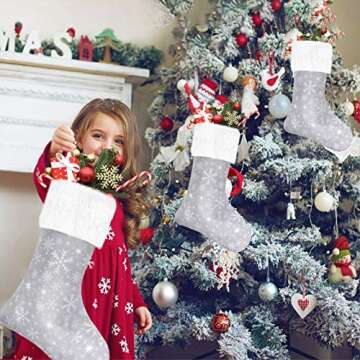 Senneny Christmas Stockings- 4 Pack 18" Grey and White Snowflake Christmas Stockings with White Plush Faux Fur Cuff, Large Christmas Stockings Decorations for Family Christmas Holiday Party