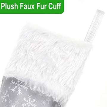 Senneny Christmas Stockings- 4 Pack 18" Grey and White Snowflake Christmas Stockings with White Plush Faux Fur Cuff, Large Christmas Stockings Decorations for Family Christmas Holiday Party