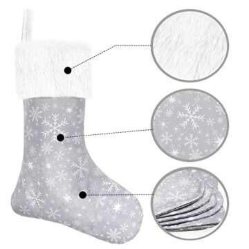 Senneny Christmas Stockings- 4 Pack 18" Grey and White Snowflake Christmas Stockings with White Plush Faux Fur Cuff, Large Christmas Stockings Decorations for Family Christmas Holiday Party