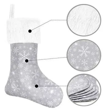 Senneny Christmas Stockings- 4 Pack 18" Grey and White Snowflake Christmas Stockings with White Plush Faux Fur Cuff, Large Christmas Stockings Decorations for Family Christmas Holiday Party