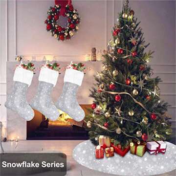 Senneny Christmas Stockings- 4 Pack 18" Grey and White Snowflake Christmas Stockings with White Plush Faux Fur Cuff, Large Christmas Stockings Decorations for Family Christmas Holiday Party