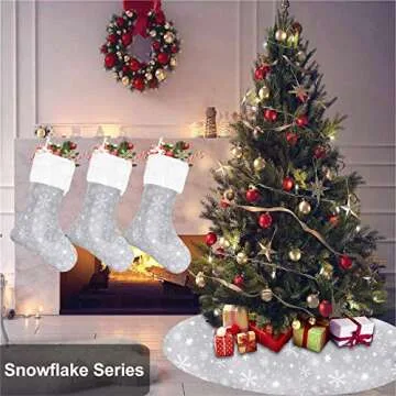 Senneny Christmas Stockings- 4 Pack 18" Grey and White Snowflake Christmas Stockings with White Plush Faux Fur Cuff, Large Christmas Stockings Decorations for Family Christmas Holiday Party