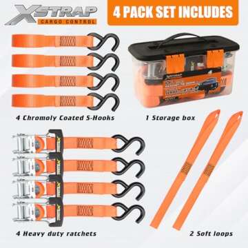XSTRAP STANDARD Ratchet Tie Down Straps - 4PK - 1-1/16 in x 10 ft, 3000 Lb Break Strength, Heavy Duty Tie Down Kit with 2PK Soft Loops - Cargo Straps for Moving Appliances, Motorcycle (Luxurious)
