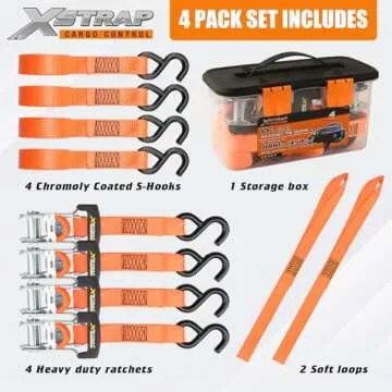 XSTRAP STANDARD Ratchet Tie Down Straps - 4PK - 1-1/16 in x 10 ft, 3000 Lb Break Strength, Heavy Duty Tie Down Kit with 2PK Soft Loops - Cargo Straps for Moving Appliances, Motorcycle (Luxurious)