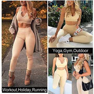 TWFRHC Women's Workout Sets 2 Piece Ribbed Seamless High Waist Gym Outfit Yoga Leggings Sets