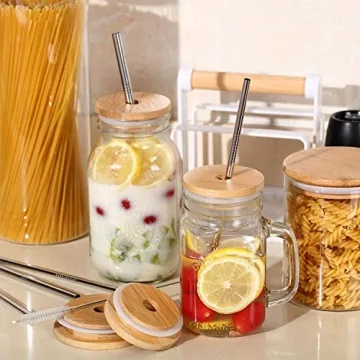 8 Bamboo Jar Lids with Straws - Leak Proof & Eco-Friendly