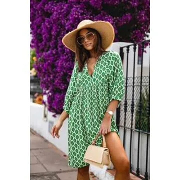 miduo Womens Casual Dresses Summer Half Sleeve V Neck Floral Bohemian Dress Boho Beach Mini Babydoll Shift Shirt Dress Green M