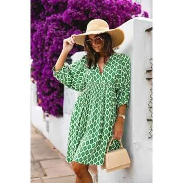 miduo Womens Casual Dresses Summer Half Sleeve V Neck Floral Bohemian Dress Boho Beach Mini Babydoll Shift Shirt Dress Green M