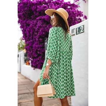 miduo Womens Casual Dresses Summer Half Sleeve V Neck Floral Bohemian Dress Boho Beach Mini Babydoll Shift Shirt Dress Green M