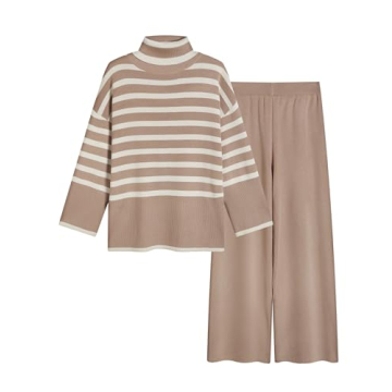Tanming Women's Sweater Sets Long Sleeve Striped Jumper Tops Casual Knit Wide Leg Pants Sets (Khaki-...
