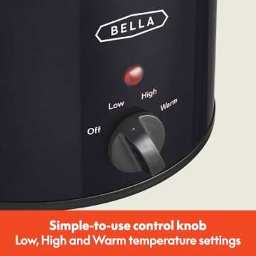 bella Electric Slow Cooker 1.5 Qt, Dishwasher Safe Removable Stoneware Pot and Glass Lid, Adjustable Temperature & Cool Touch Handles, Portable Mini Rice Cooker, Baby Food Steamer & Soup Warmer, Black