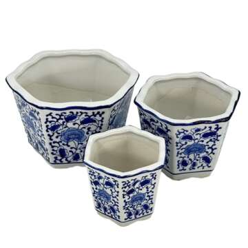 Galt International Blue & White Floral Porcelain Ceramic Decorative Flower Pot 8"/6"/4.5" Garden Pots Chinese Asian Design - Set of 3 Hexagonal
