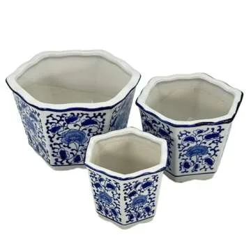Galt International Blue & White Floral Porcelain Ceramic Decorative Flower Pot 8"/6"/4.5" Garden Pots Chinese Asian Design - Set of 3 Hexagonal
