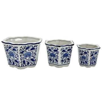 Galt International Blue & White Floral Porcelain Ceramic Decorative Flower Pot 8"/6"/4.5" Garden Pots Chinese Asian Design - Set of 3 Hexagonal