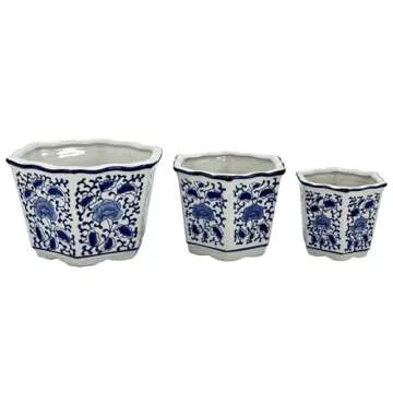Galt International Blue & White Floral Porcelain Ceramic Decorative Flower Pot 8"/6"/4.5" Garden Pots Chinese Asian Design - Set of 3 Hexagonal