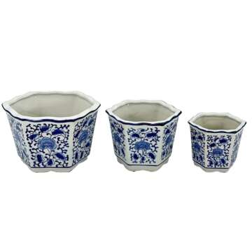 Galt International Blue & White Floral Porcelain Ceramic Decorative Flower Pot 8"/6"/4.5" Garden Pots Chinese Asian Design - Set of 3 Hexagonal