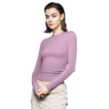 PUMIEY Long Sleeve Shirts for Women Crew Neck Slim Fit Tops Sexy Basic Tee, Mauve Medium