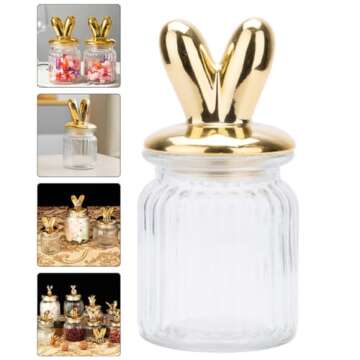 ABOOFAN Easter Glass Jars Bunny Rabbit Shape Clear Candy Jar Food Storage Canister with Lid for Eater Party Tea Cookie Table Decoration Golden L