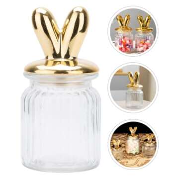 ABOOFAN Easter Glass Jars Bunny Rabbit Shape Clear Candy Jar Food Storage Canister with Lid for Eater Party Tea Cookie Table Decoration Golden L