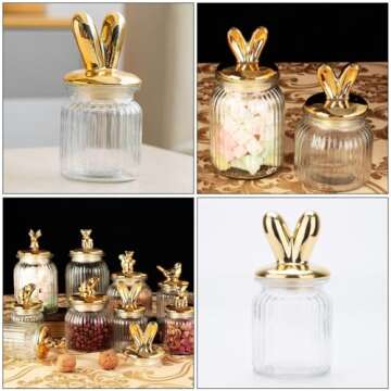 ABOOFAN Easter Glass Jars Bunny Rabbit Shape Clear Candy Jar Food Storage Canister with Lid for Eater Party Tea Cookie Table Decoration Golden L