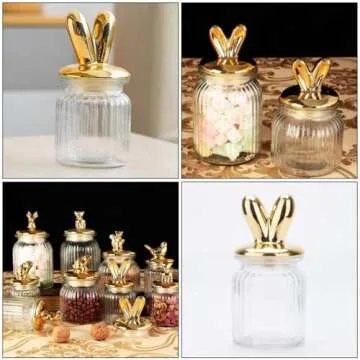 ABOOFAN Easter Glass Jars Bunny Rabbit Shape Clear Candy Jar Food Storage Canister with Lid for Eater Party Tea Cookie Table Decoration Golden L