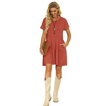 YIBOCK Women's Summer Short Sleeve Crew Neck T Shirt Dress Casual Loose Swing Dress with Pocket Rust XX-Large