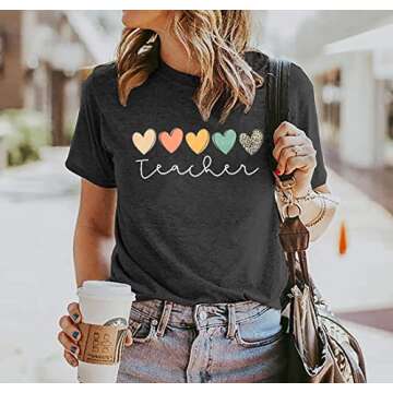 Teacher Tshirt Women Cute Hearts Graphic Teaching Tee Boho Teacher Shirt Short Sleeve Casual Summer T-Shirt Tops (M, Gray)