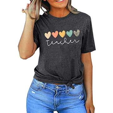 Teacher Tshirt Women Cute Hearts Graphic Teaching Tee Boho Teacher Shirt Short Sleeve Casual Summer T-Shirt Tops (M, Gray)