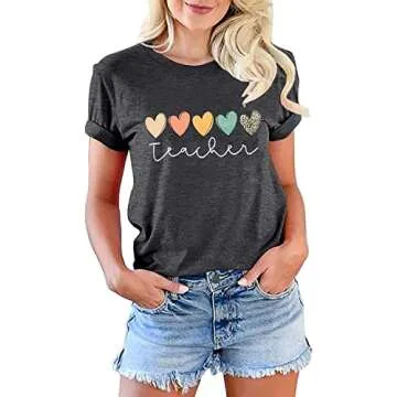 Teacher Tshirt Women Cute Hearts Graphic Teaching Tee Boho Teacher Shirt Short Sleeve Casual Summer T-Shirt Tops (M, Gray)