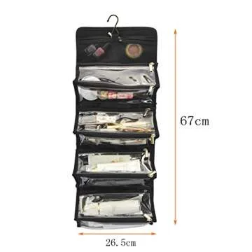 Jula Vance Large Capacity Hanging Eco Polyester Travel Toiletry Bag Makeup Cosmetic Bag 4-in-1 Roll-Up Make Up Storage Organizer With 4 detachable Removable Zipper Clear TPU Pouches & Hook