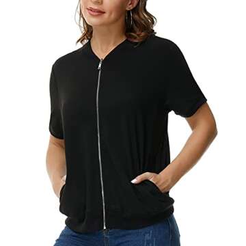 KANCY KOLE Women's Stand Collar Zip Up Short Sleeve Hoodies Jacket Sweatshirts with Pockets(L,Black