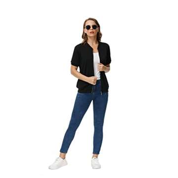 KANCY KOLE Women's Stand Collar Zip Up Short Sleeve Hoodies Jacket Sweatshirts with Pockets(L,Black