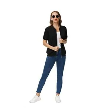 KANCY KOLE Women's Stand Collar Zip Up Short Sleeve Hoodies Jacket Sweatshirts with Pockets(L,Black